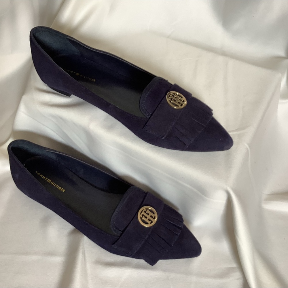 Tommy Hilfiger Blue Suede Flats with Gold Ornament